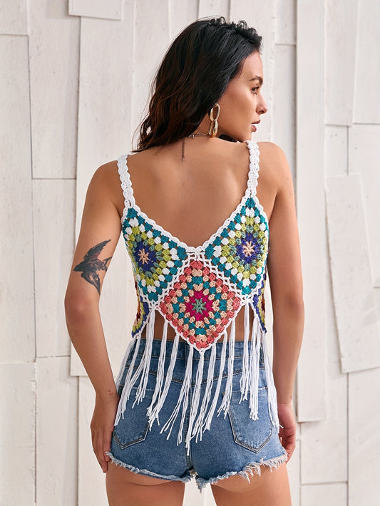 Color Block Crochet Backless Cami Top, Elegant V-neck Sleeveless Tassel Top For Summer, Women's Clothing