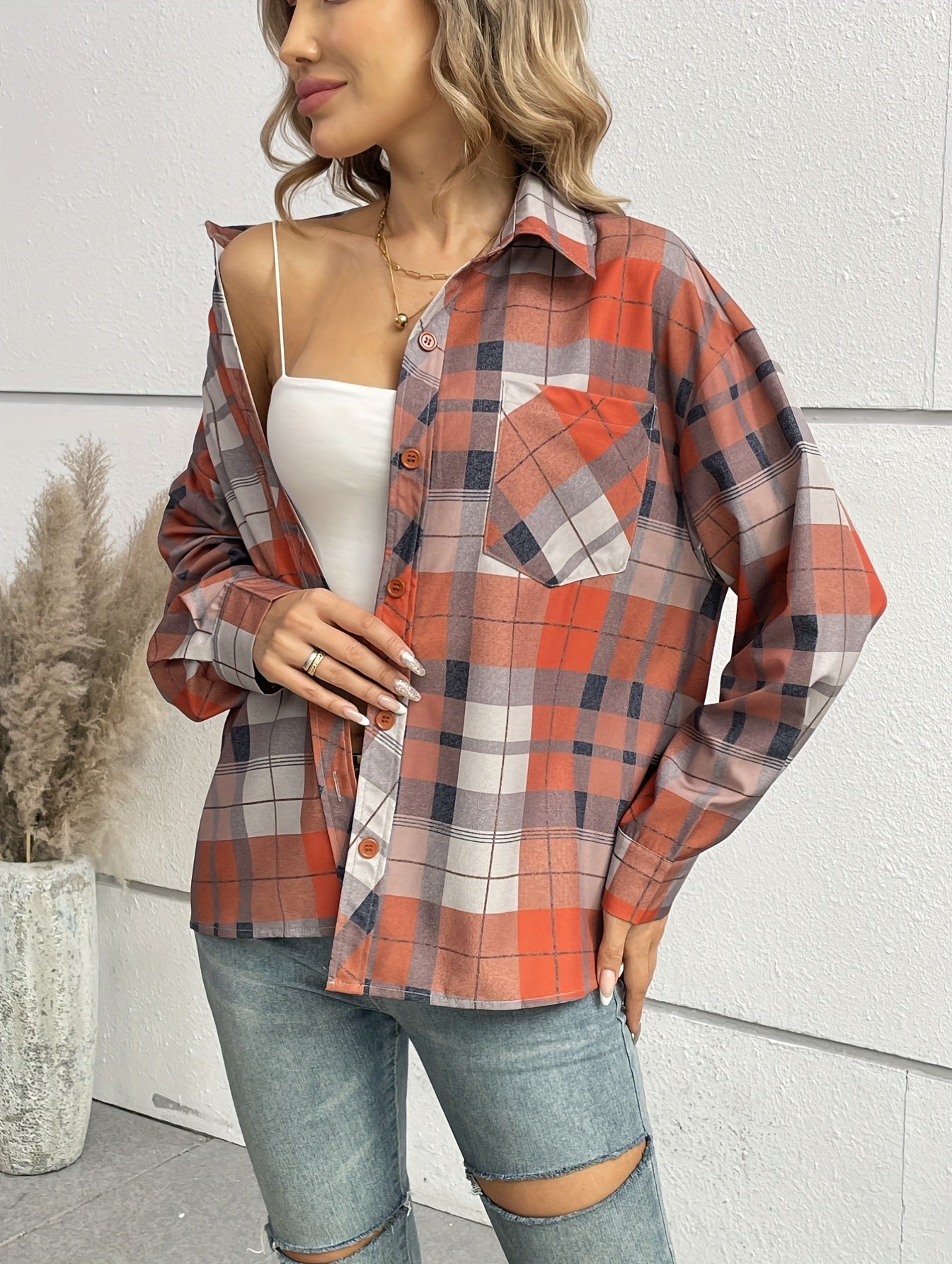 Sixsr Plaid Print Polo Collar Button Shirt, Casual Long Sleeve Shirt For Spring & Fall, Women's Clothing