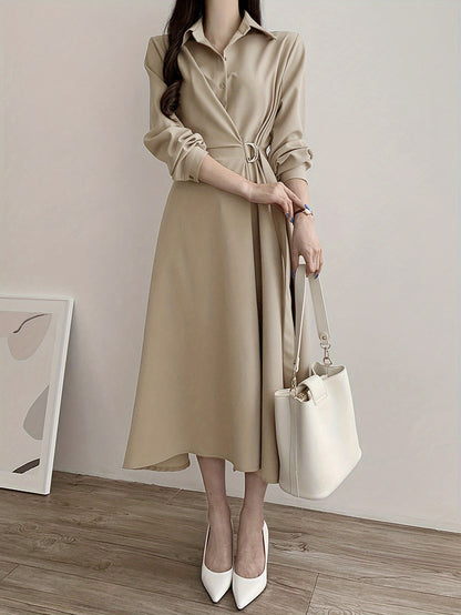 Sixsr A-line Button Front Dress, Elegant Long Sleeve Dress For Spring & Fall, Women's Clothing