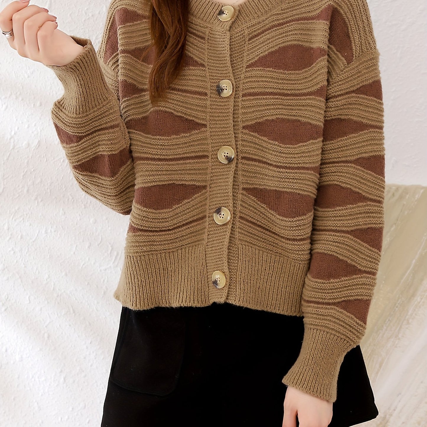 Sixsr Graphic Pattern Button Down Knit Cardigan, Elegant Long Sleeve Sweater Outwear, Women's Clothing