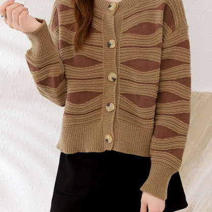 Sixsr Graphic Pattern Button Down Knit Cardigan, Elegant Long Sleeve Sweater Outwear, Women's Clothing