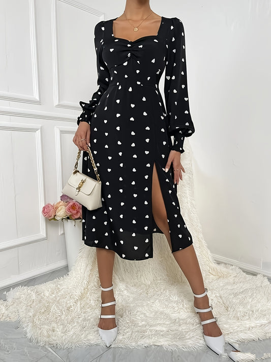 Sixsr Heart Print Sweetheart Neck Dress, Elegant Long Sleeve Split Dress, Women's Clothing