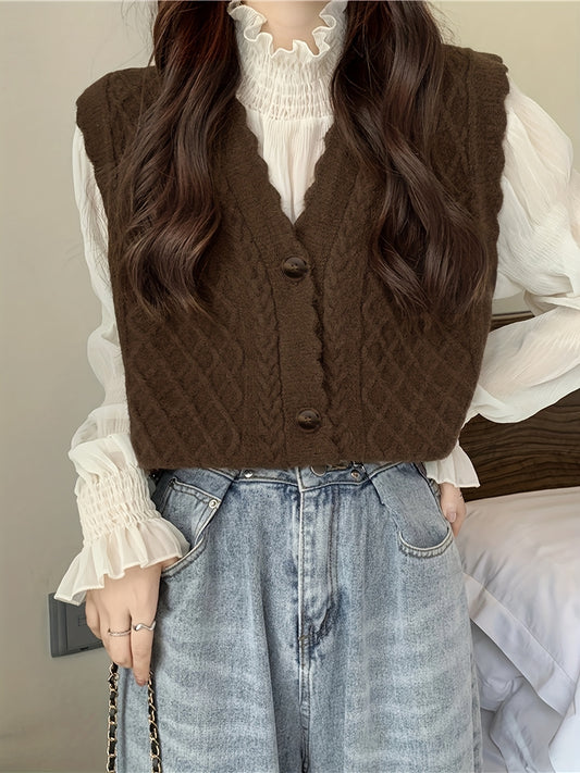 Sixsr Cable Knit Button Sweater Vest, Casual Sleeveless V Neck Scallop Trim Sweater, Women's Clothing