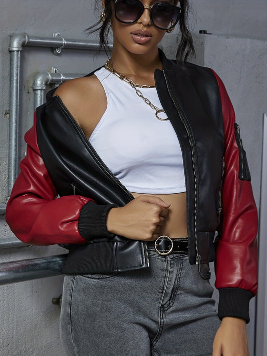 Sixsr Color Block Faux Leather Jacket, Vintage Zipper Pockets Jacket For Fall & Winter, Women's Clothing