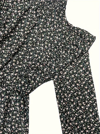 Sixsr Ditsy Floral Print Dress, Elegant Mock Neck Long Sleeve Ruffle Trim Dress, Women's Clothing