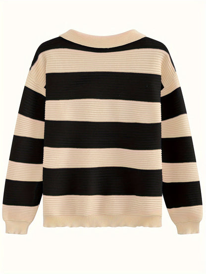 Sixsr Striped Tie Neck Pullover Sweater, Casual Long Sleeve Drop Shoulder Sweater, Women's Clothing