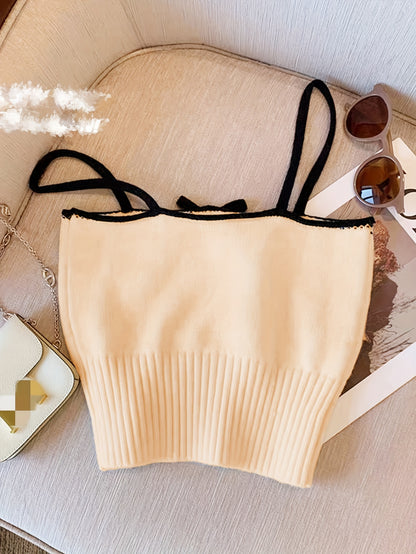 Sixsr Contrast Trim Spaghetti Strap Top, Casual Straight Neck Knit Cami Top, Women's Clothing