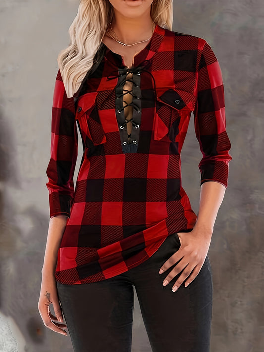 Sixsr Plaid Pocket V-neck Blouse, Casual Long Sleeve Blouse, Casual Every Day Tops, Women's Clothing
