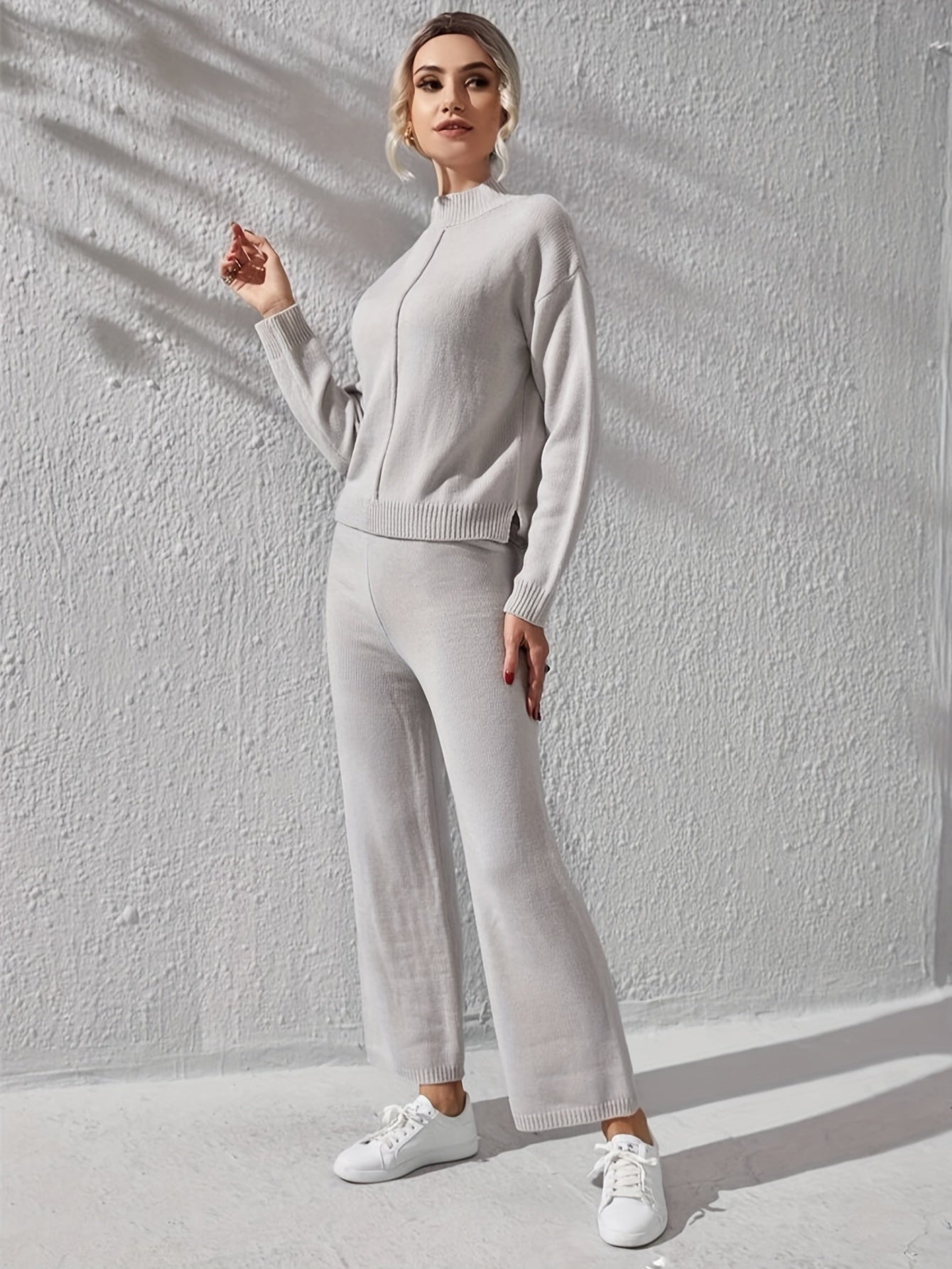 Women's two-piece Solid Casual Set - Stand Collar Long Sleeve Top & Wide Leg Pants Outfit for Comfortable & Stylish Look