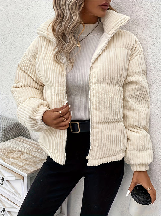 Sixsr Zip Up Solid Warm Coat, Casual Long Sleeve Winter Outerwear, Women's Clothing