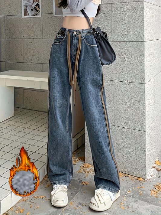 Sixsr High Waist Casual Straight Jeans, Fleece Liner Keep Warm Versatile Loose Fit Denim Pants, Women's Denim Jeans & Clothing