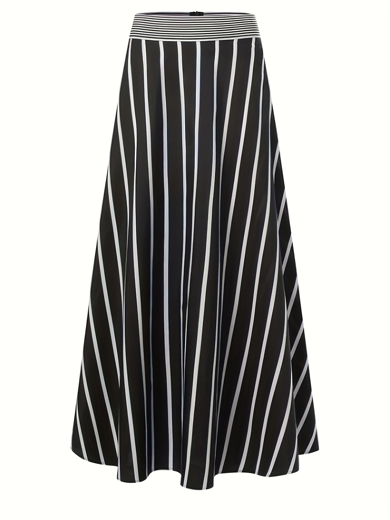 Plus Size Casual Skirt, Women's Plus Stripe Print High Rise Maxi A-line Flare Shirt