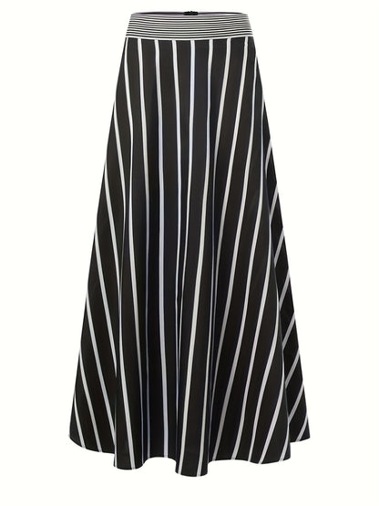 Plus Size Casual Skirt, Women's Plus Stripe Print High Rise Maxi A-line Flare Shirt