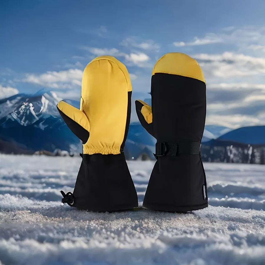 Men's Waterproof Ski Mittens with Drawstring Closure, Nylon Woven Fabric, Hand Washable - Thermal Insulated Gloves for Winter Sports