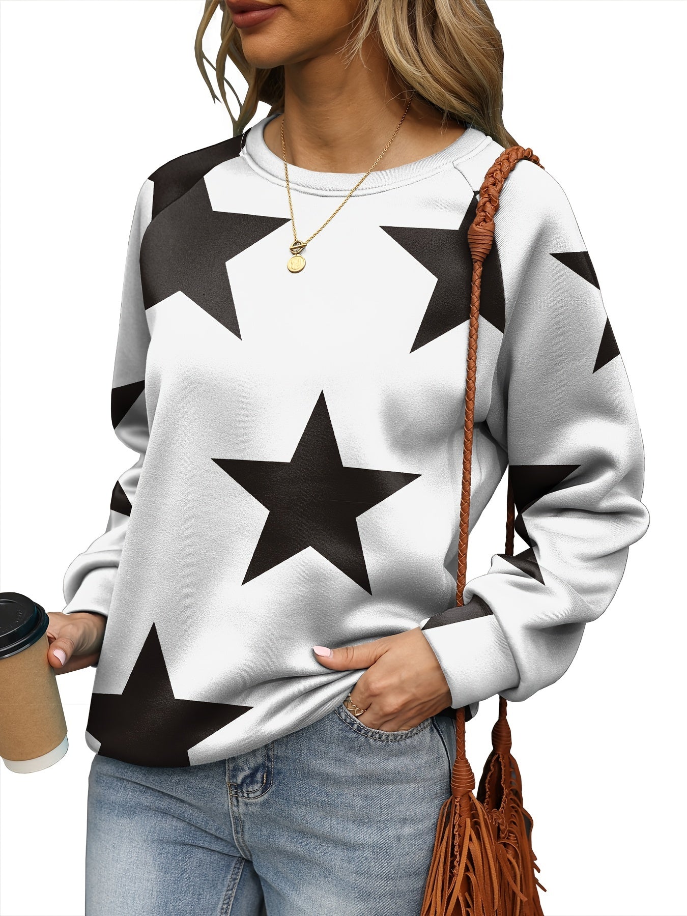 Sixsr Plus Size Casual Sweatshirt, Women's Plus Star Print Raglan Sleeve Crew Neck Slight Stretch Pullover Sweatshirt, Casual Tops For Fall & Winter, Plus Size Women's Clothing