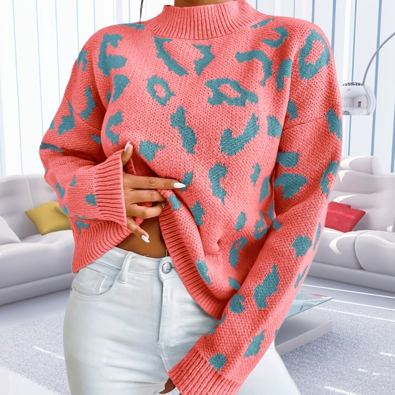 Sixsr Graphic Pattern Mock Neck Pullover Sweater, Casual Long Sleeve Sweater, Women's Clothing