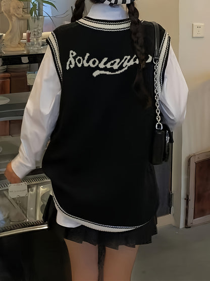 Sixsr Letter Print V Neck Sweater Vest, Preppy Sleeveless Vest For Fall & Winter, Women's Clothing