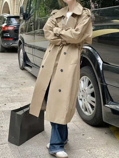 Sixsr Double Breasted Long Length Trench Coat, Casual Solid Long Sleeve Outerwear, Women's Clothing