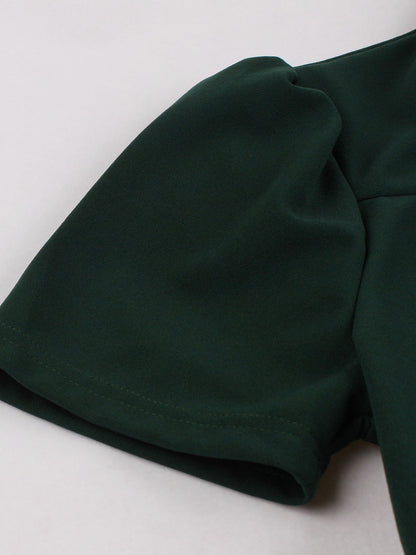 Sixsr Solid Ruched Keyhole Dress, Vintage Stand Collar Short Sleeve Bodycon Dress, Women's Clothing