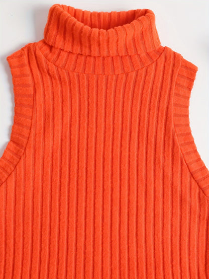 Sixsr Rib Knit High Neck Sweater Knitted Top, Sleeveless Casual Tank Top, Women's Clothing