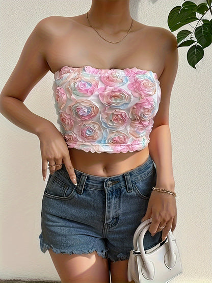 Sixsr Floral Tube Crop Top, Sexy Strapless Tube Top For Summer, Women's Clothing