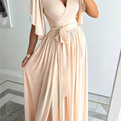 Elegant Plus Size Maxi Dress with Ruffle Sleeves and High Split Hem - Perfect for Special Occasions