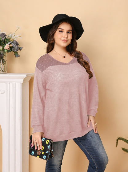 Sixsr Plus Size Contrast Mesh Long Sleeve Solid Sweatshirt, Women's Plus Slight Stretch Casual Sweatshirt