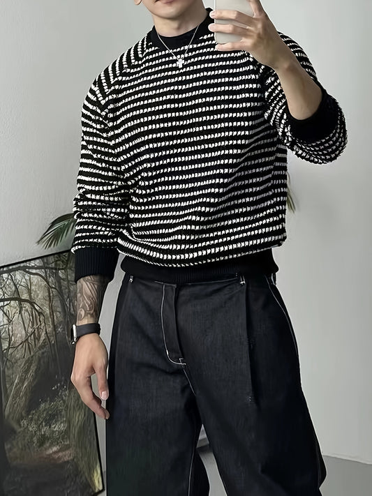 Sixsr Men's Stylish Stripe Pattern Knitted Pullover, Casual Breathable Long Sleeve Crew Neck Top For City Walk Street Hanging Outdoor Activities