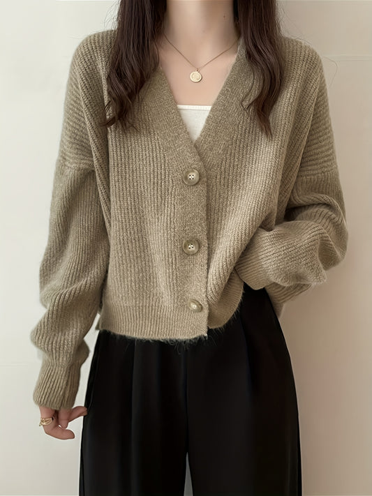 Sixsr Solid Button Front Knit Cardigan, Casual V Neck Long Sleeve Sweater, Women's Clothing