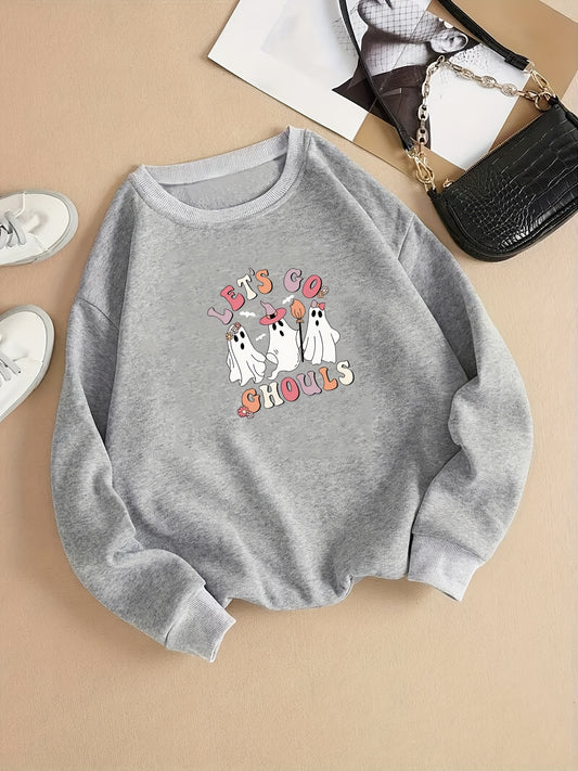 Sixsr Plus Size Halloween Casual Sweatshirt, Women's Plus Cute Ghost & Art Letter Print Long Sleeve Round Neck Sweatshirt