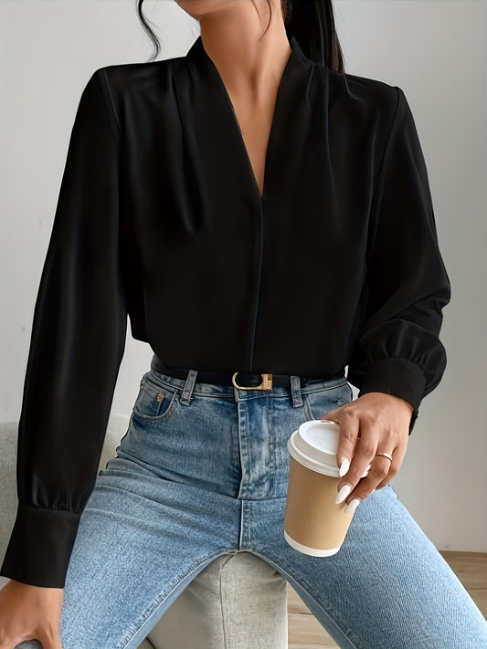 Sixsr Tucked Simple Blouse, Casual V Neck Long Sleeve Blouse, Women's Clothing