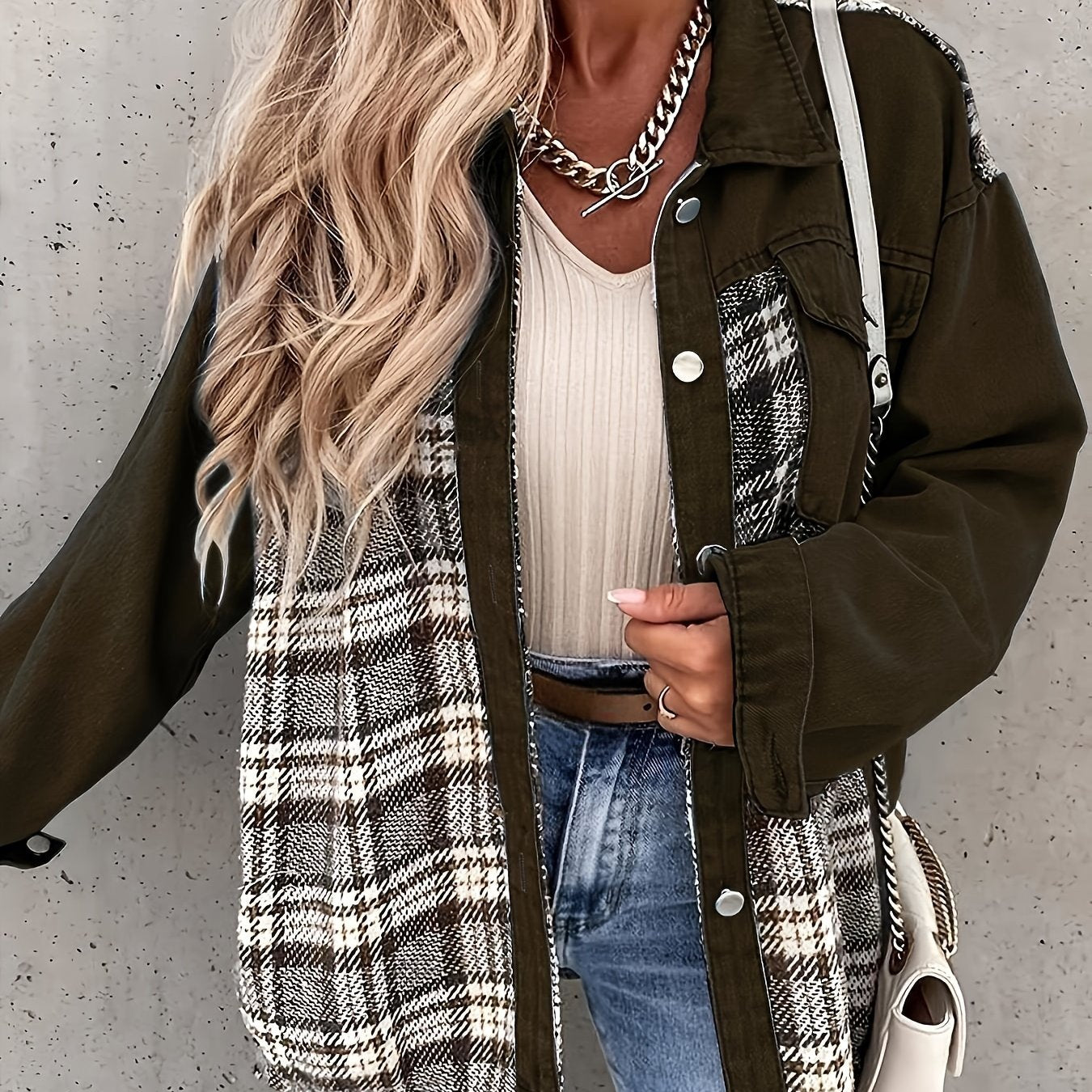 Sixsr Plaid Print Splicing Jacket, Casual Button Front Long Sleeve Outerwear, Women's Clothing