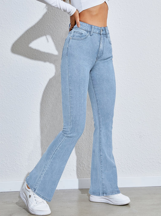 Sixsr High Waist High Strech Light Blue Bootcut Jeans, Zipper Button Closure Flare Leg Causal Denim Pants, Women's Denim Jeans & Clothing