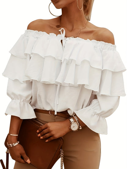 Ruffle Trim Layered Blouse, Sexy Off Shoulder Solid Blouse, Women's Clothing