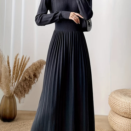 Sixsr Solid Pleated Midi Dress, Elegant Mock Neck Long Sleeve Dress, Women's Clothing