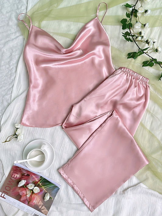 Sixsr Solid Satin Pajama Set, V Neck Cami Top & Elastic Waistband Pants, Women's Sleepwear & Loungewear