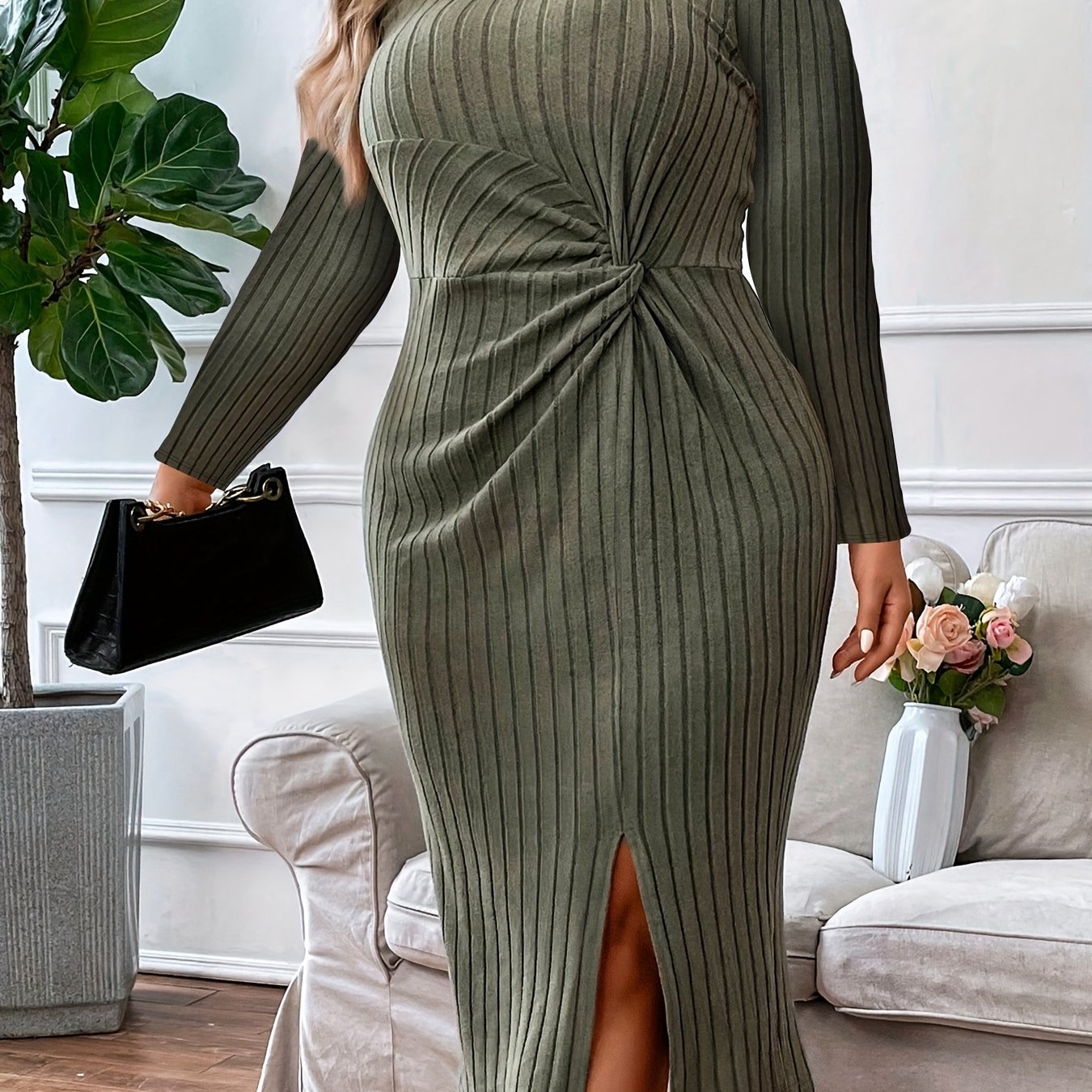 Sixsr Plus Size Sexy Dress, Women's Plus Solid Ribbed Twist Front Long Sleeve Round Neck Split Hem Bodycon Midi Dress