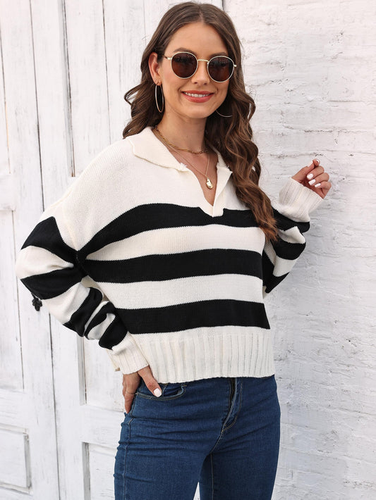 Striped V Neck Pullover Sweater, Casual Long Sleeve Drop Shoulder Sweater, Women's Clothing