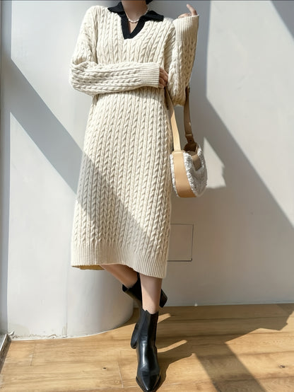 Cable Knit Sweater Dress, Vintage Elegant V Neck Long Sleeve Dress, Women's Clothing