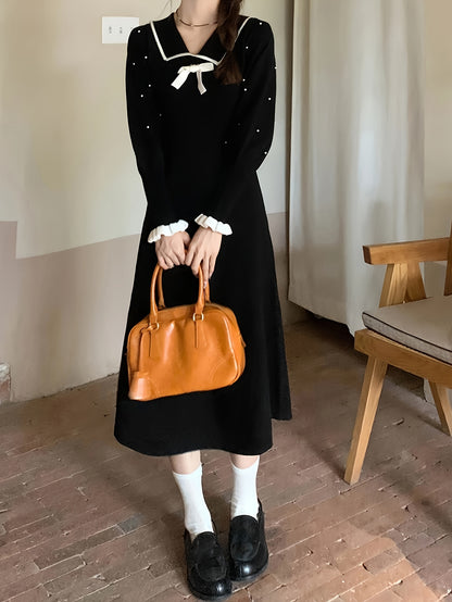 Sixsr Bow Decor Collared Beaded Dress, Chic Long Sleeve A-line Midi Dress, Women's Clothing