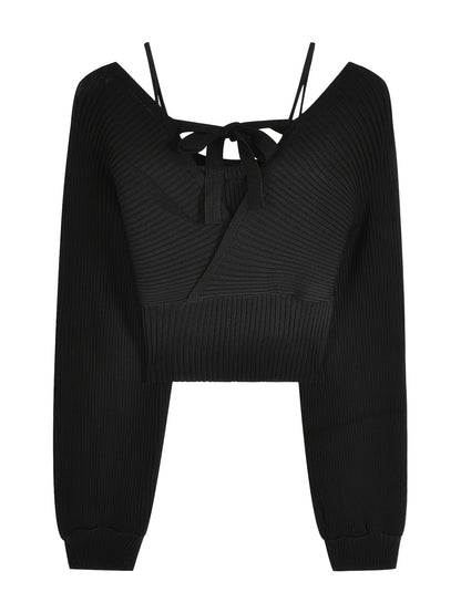 Sixsr Solid Color Faux Twinset Sweater, Chic Long Sleeve Crop Tied Sweater For Fall & Winter, Women's Clothing