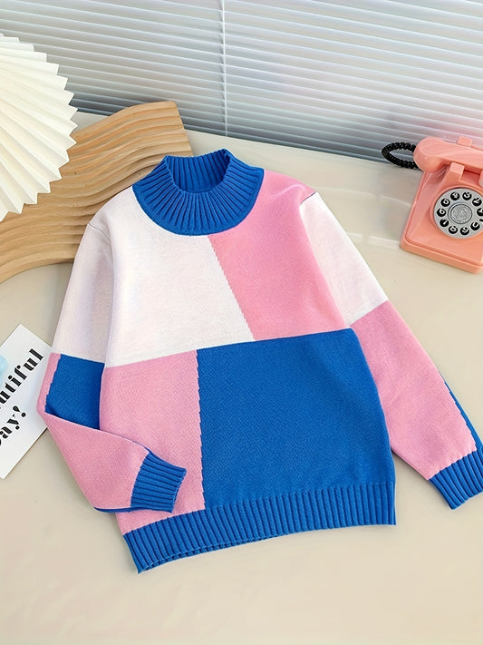 Sixsr Girls Color Block Pullover Knitted Sweater Warm & Comfort Fit For Fall/ Winter