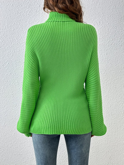 Women's Sweater Casual Turtleneck Twist Rib Green Long Sleeve Loose Fall Winter Sweater