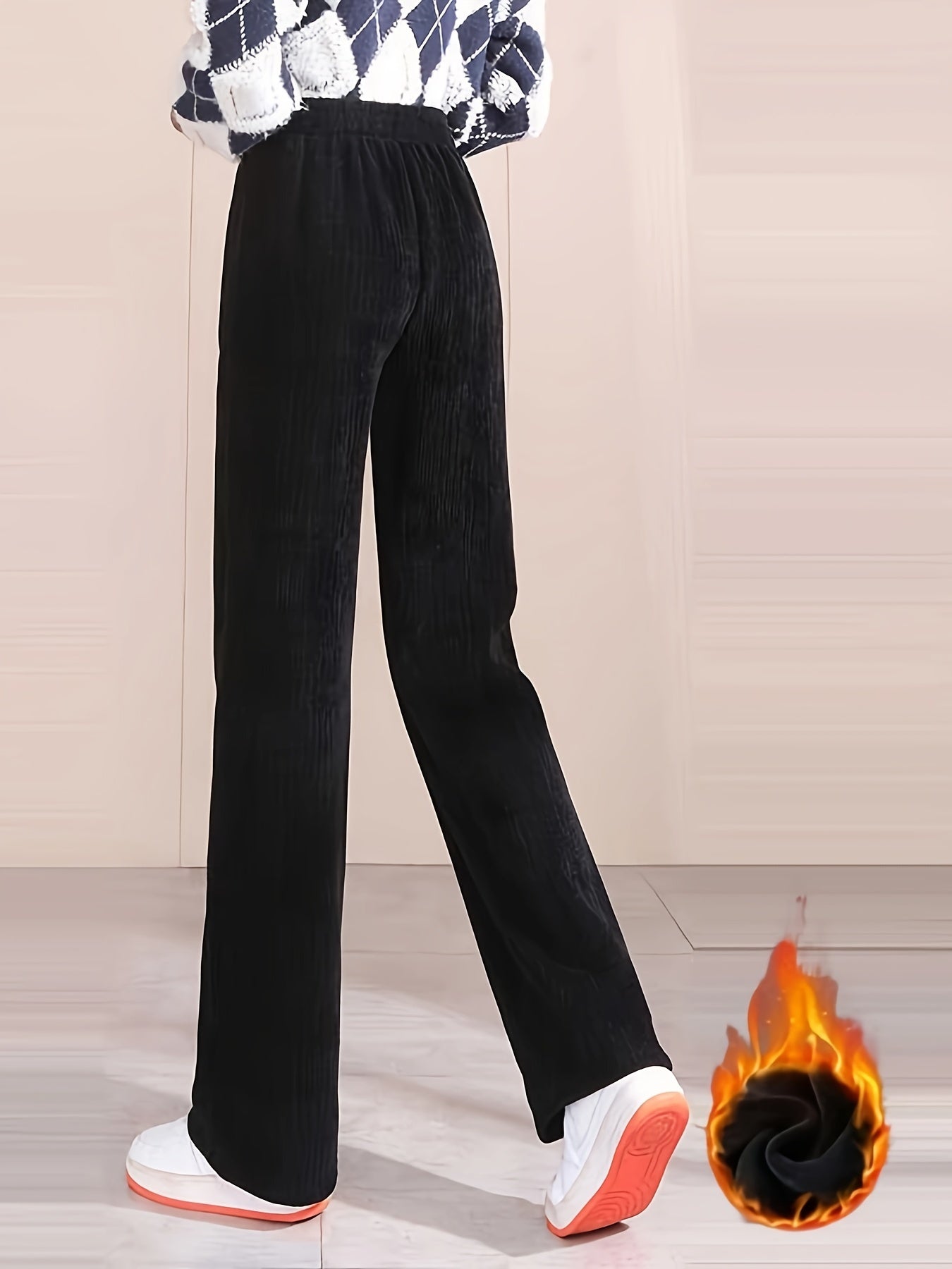 Sixsr Solid Fleece Straight Leg Pants, Casual High Waist Thermal Pants For Fall & Winter, Women's Clothing