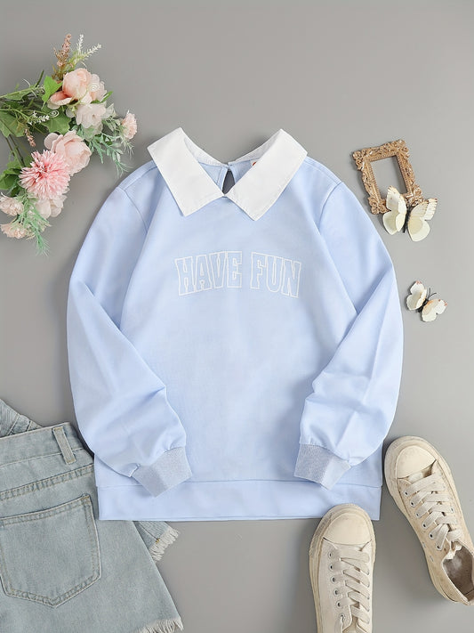 Sixsr Girls Stylish Crew Neck Collared Sweatshirt Top Pullovers For Sports Casual Outfit, Cute Kids Spring/ Fall Clothing