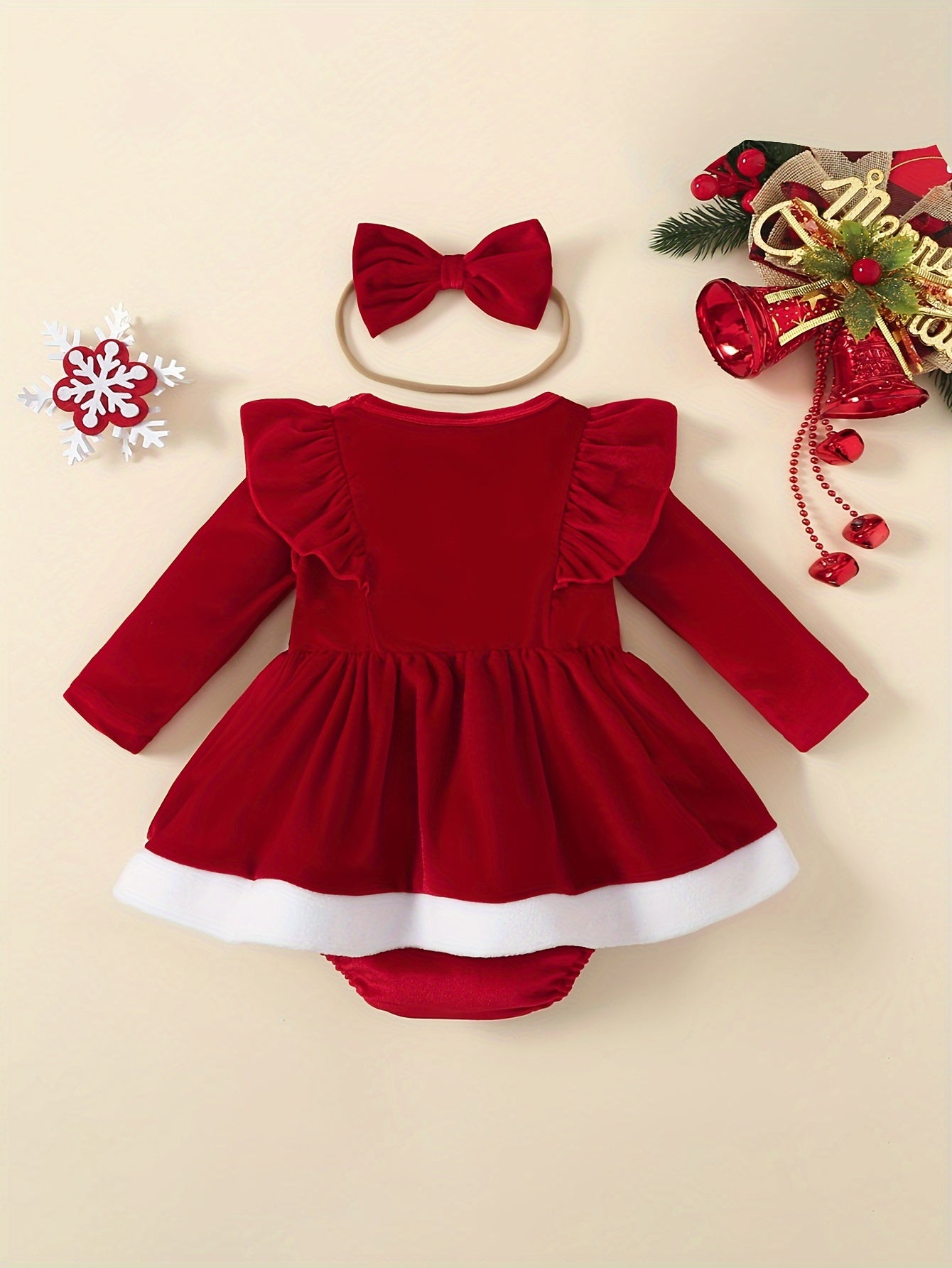 Baby Girl's Long Sleeves Jumpsuit With Skirt's Hemline & Bowknot Headscarf Set, Perfect For Party & Christmas Holiday, Best Outdoor Clothing For Toddlers