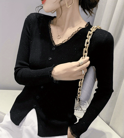 Sixsr Lace V Neck Button Front Knit Cardigan, Elegant Long Sleeve Slim Sweater, Women's Clothing