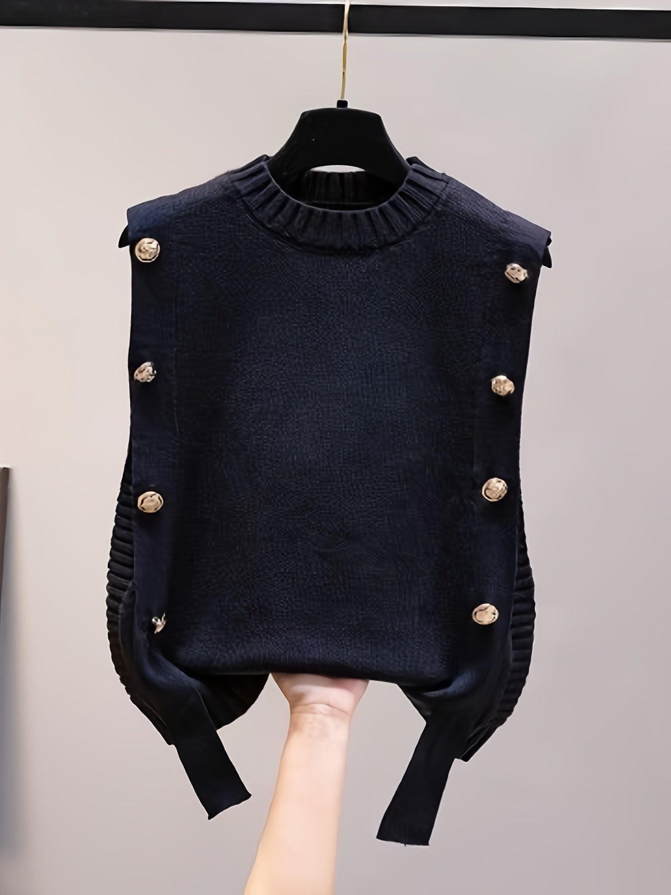 Sixsr Solid Button Sweater Vest, Crew Neck Sweater Vest For Fall & Winter, Women's Clothing