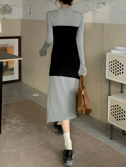 Sixsr Color Block Long Sleeve Knit Dress, Casual Mock Neck Asymmetric Hem A-line Dress, Women's Clothing