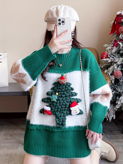 For Fall & Winter, Casual Long Sleeve Christmas Tree Decor Crew Neck Sweater, Women's Clothing